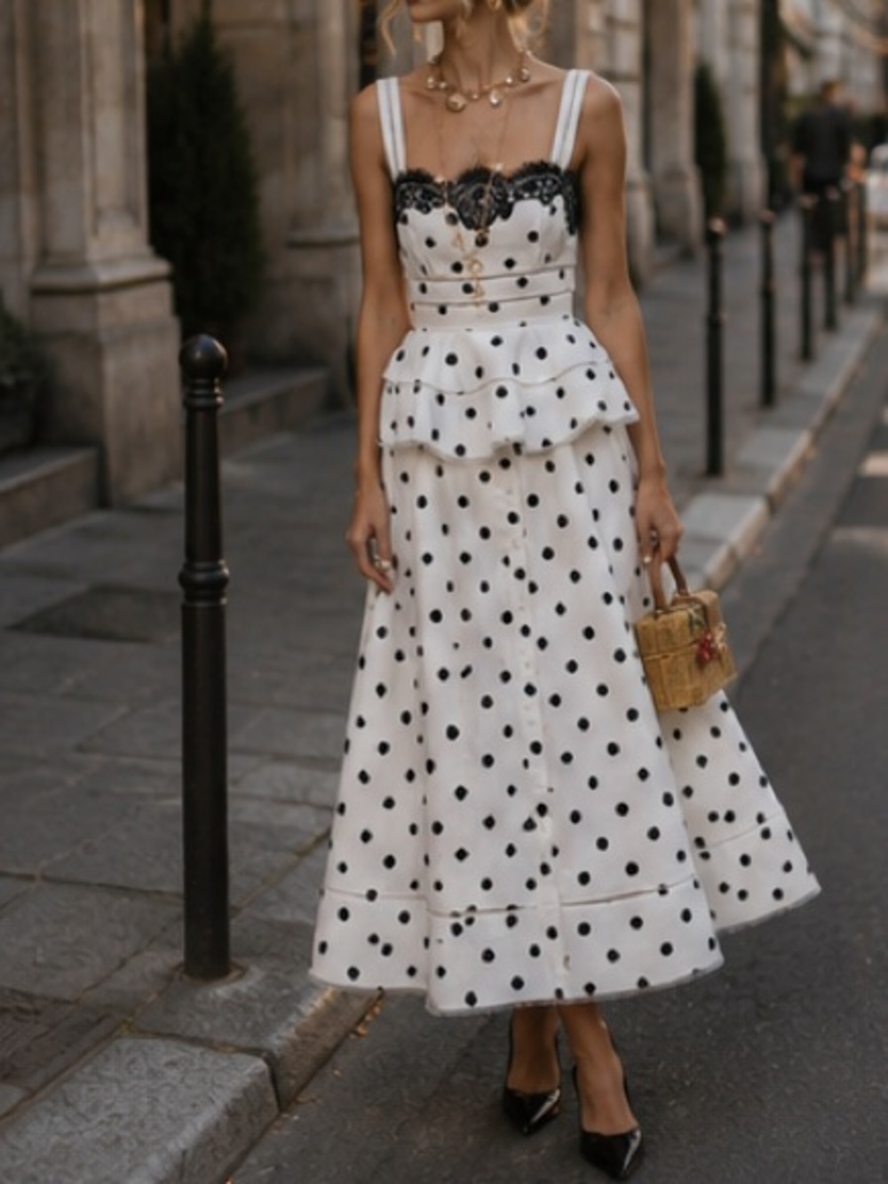 Self-Portrait White Polka Dot Midi Dress with Black Lace Trim - Picture 3 of 13